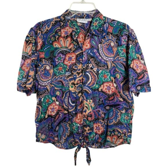 Vintage Paisley Tie Front Shirt Size Medium Cotton Boho Short Sleeve Top - Picture 6 of 6